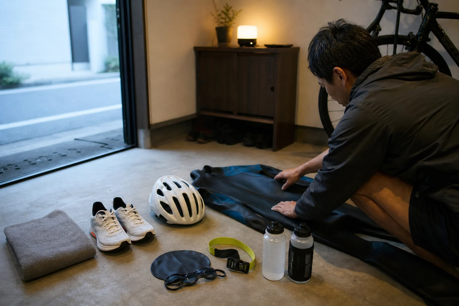 初レースに向けてウェットスーツやヘルメットを準備する様子